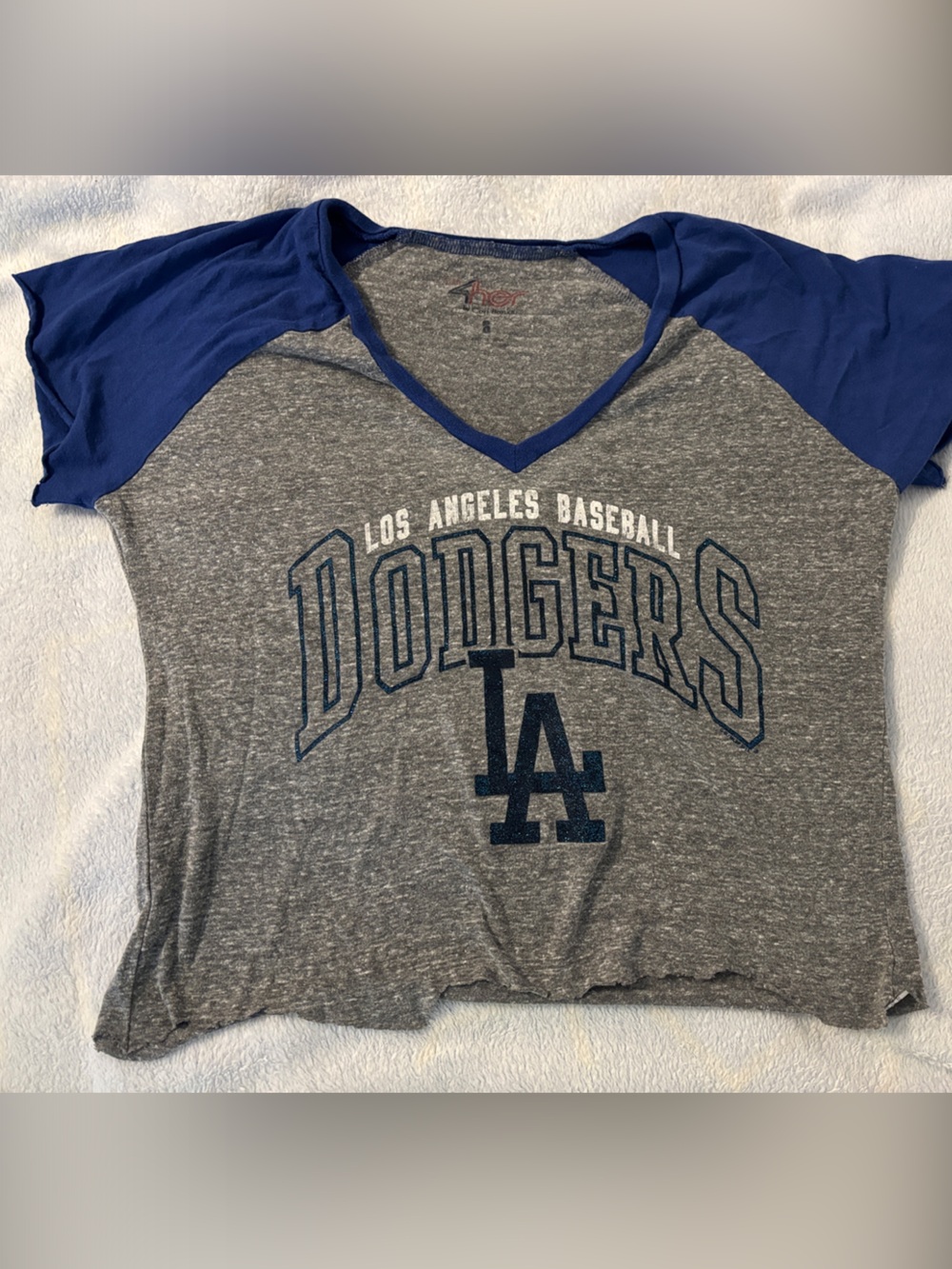 Los Angeles Dodgers Ladies Raglan V-Neck Tee - Gray & Blue